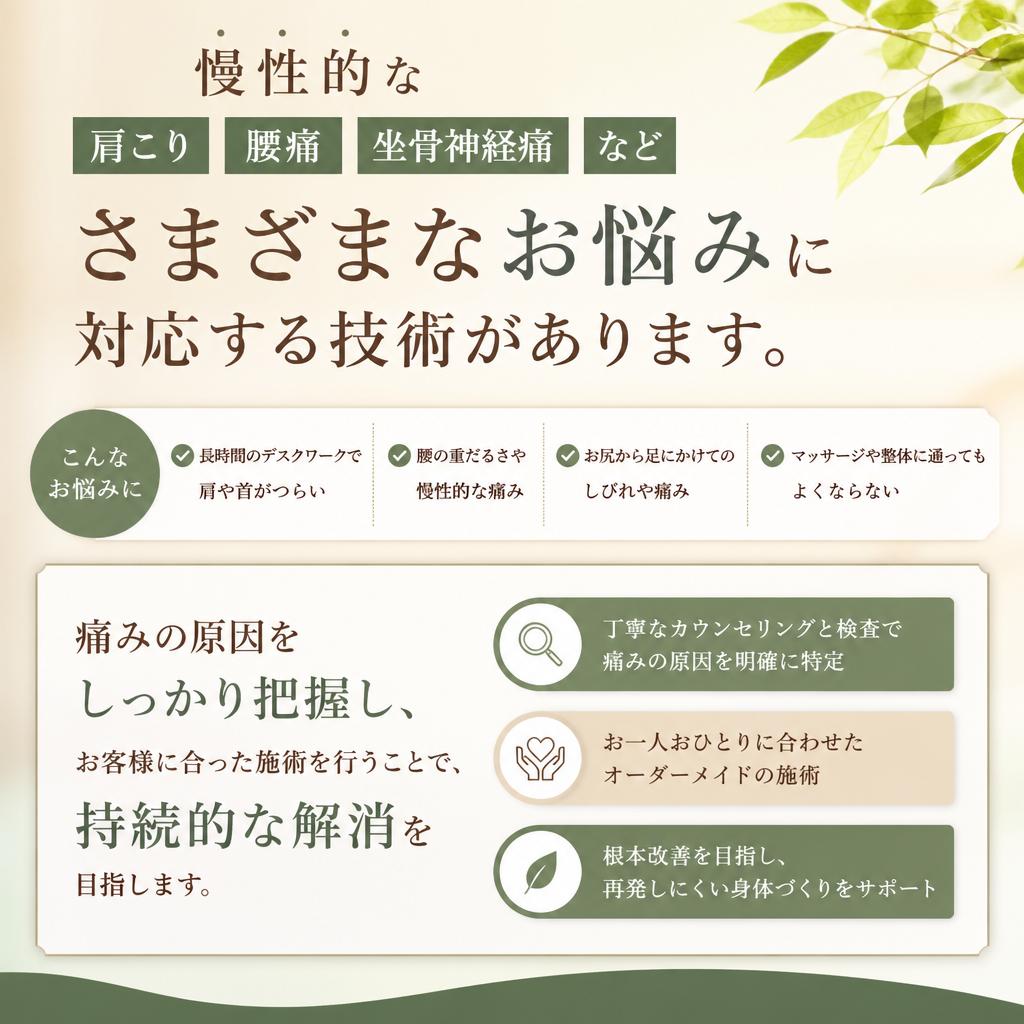 肩こりや腰痛の悩みに的確にアプローチ